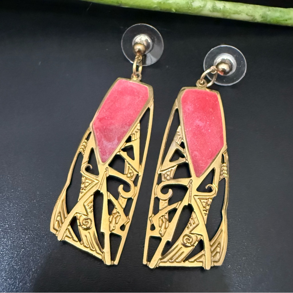 Vintage Edgar Berebi Art Nouveau Pink Enamel Gold-Tone Earrings 56g 29$
